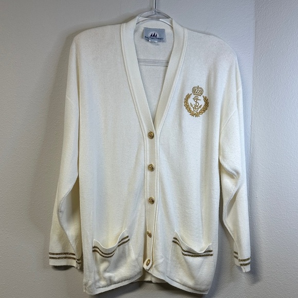 Bay Point Threads Sweaters - 80s Vintage Bay Point Threads Knit Cardigan Gold Embroidered Nautical Crest M